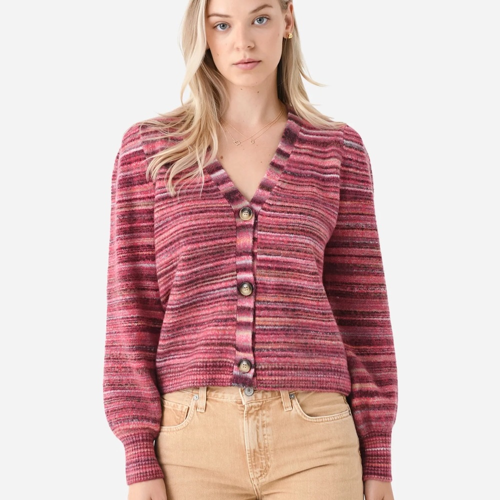 J. Society Striped Pink Button-Up Sweater large